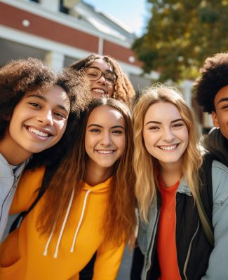 Group of high school students taking a selfie after school Group of high school students taking a selfie after school