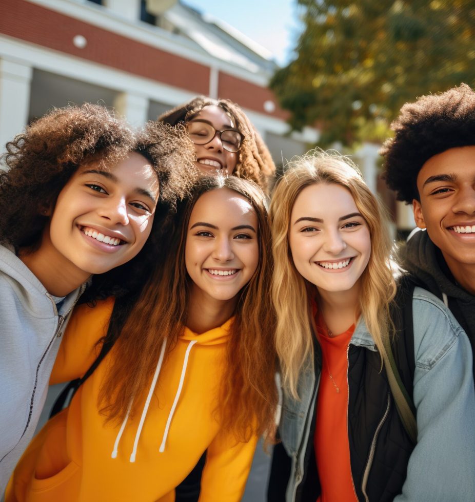 Group of high school students taking a selfie after school Group of high school students taking a selfie after school
